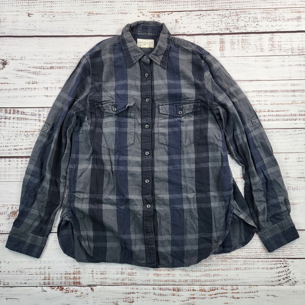 Denim & Supply Ralph‎ Lauren Womens Plaid Flannel Roll Tab Sleeve Shirt Gray